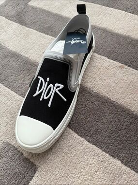 Dior x Stussy Black and White Canvas Slip-On with Embroidered Logo